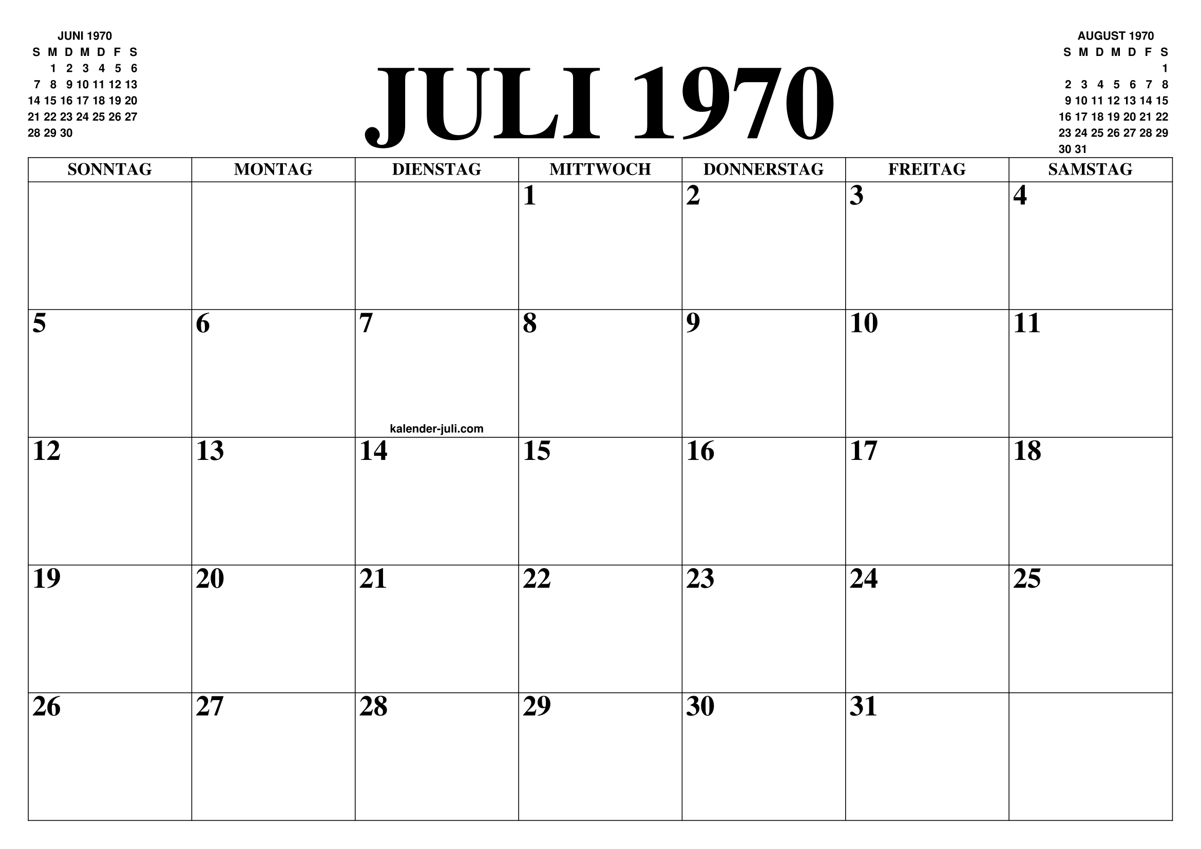 KALENDER JULI 1970 JULI KALENDER ZUM AUSDRUCKEN GRATIS MONAT UND JAHR KALENDER JULI 1970 JULI KALENDER ZUM AUSDRUCKEN GRATIS MONAT UND JAHR
