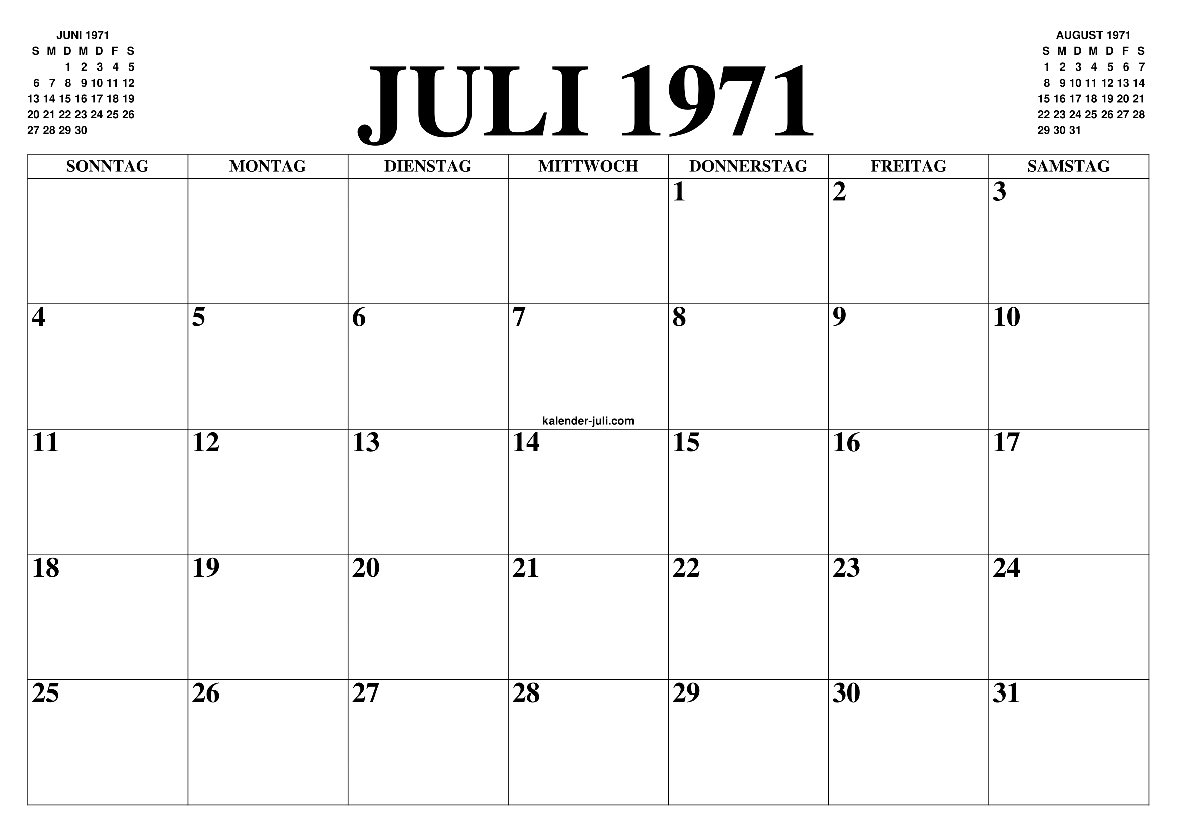 KALENDER JULI 1971 : JULI KALENDER ZUM AUSDRUCKEN GRATIS MONAT UND JAHR 