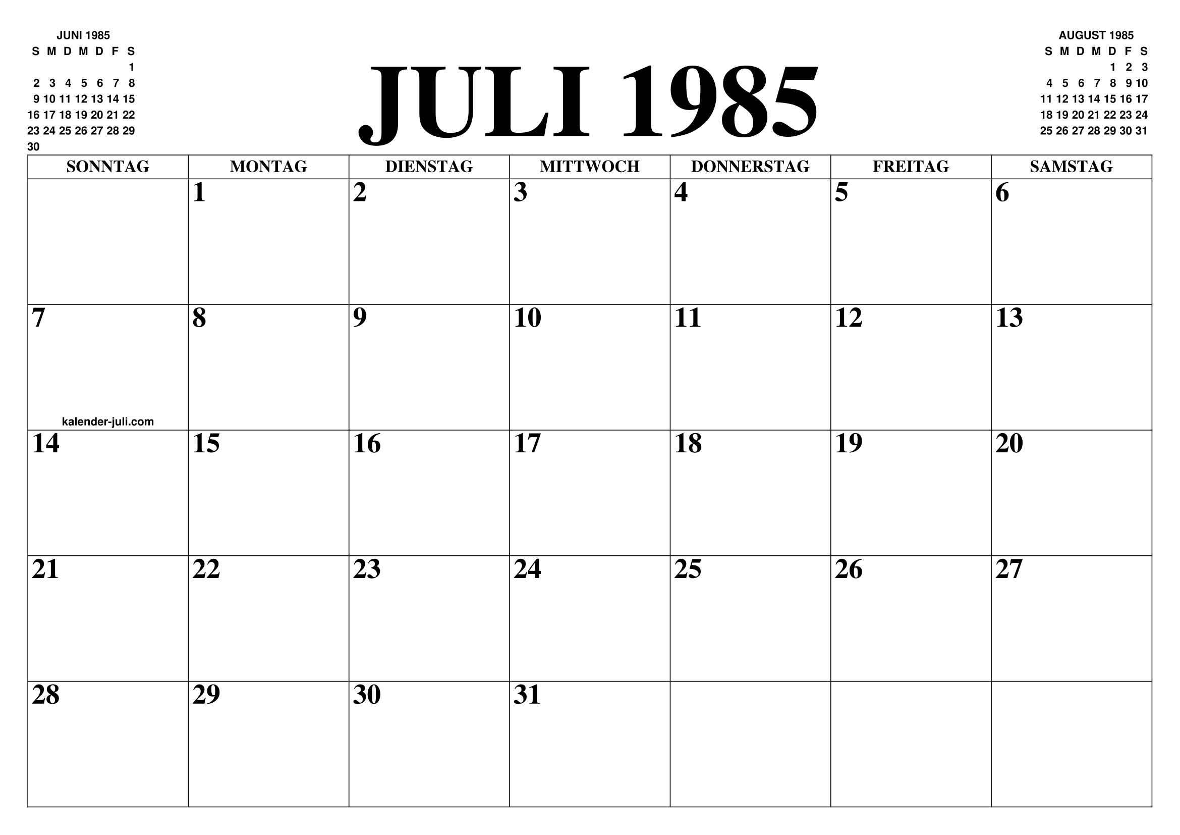 KALENDER JULI 1985 : JULI KALENDER ZUM AUSDRUCKEN GRATIS MONAT UND JAHR