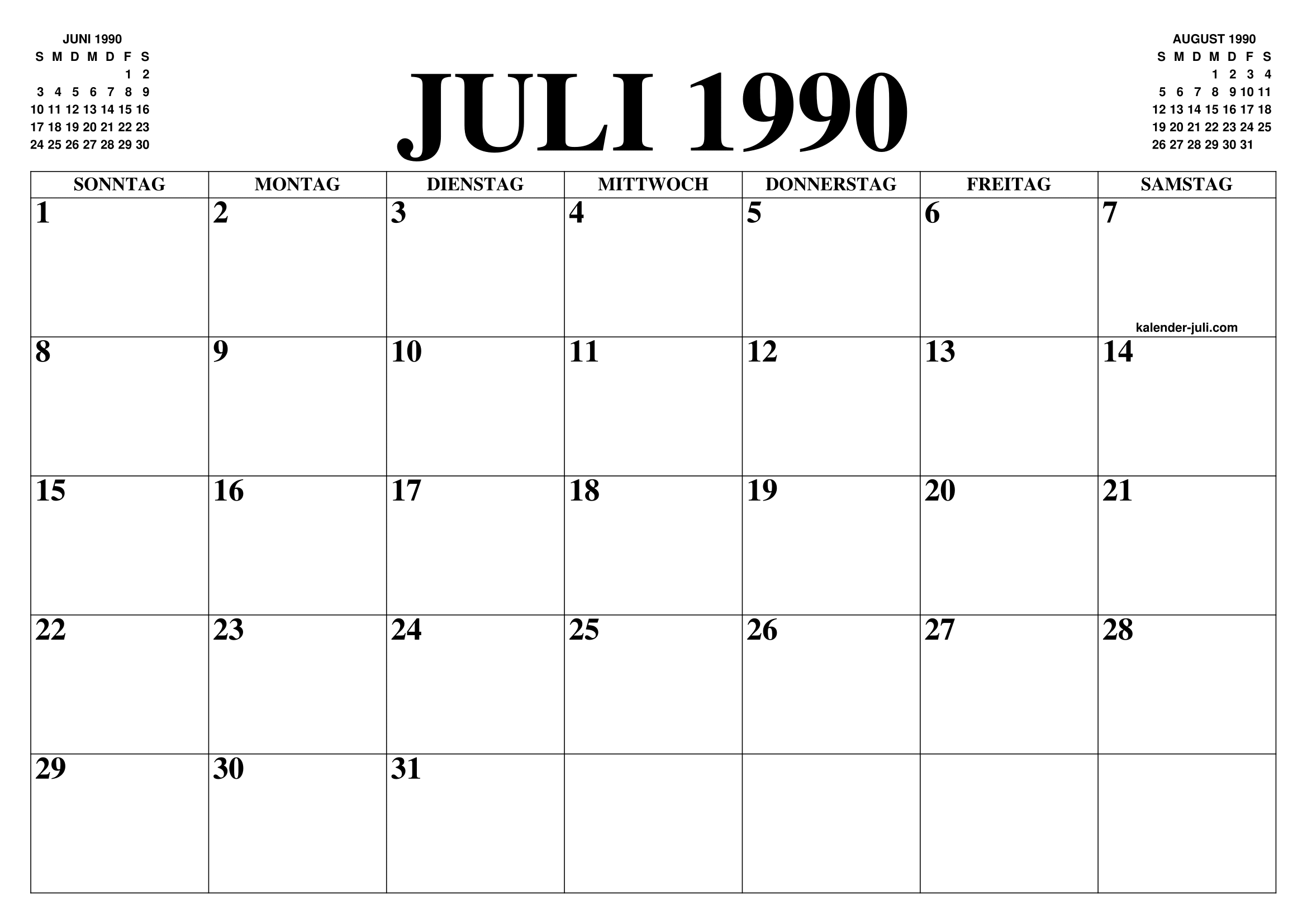 KALENDER JULI 1990 JULI KALENDER ZUM AUSDRUCKEN GRATIS MONAT UND JAHR