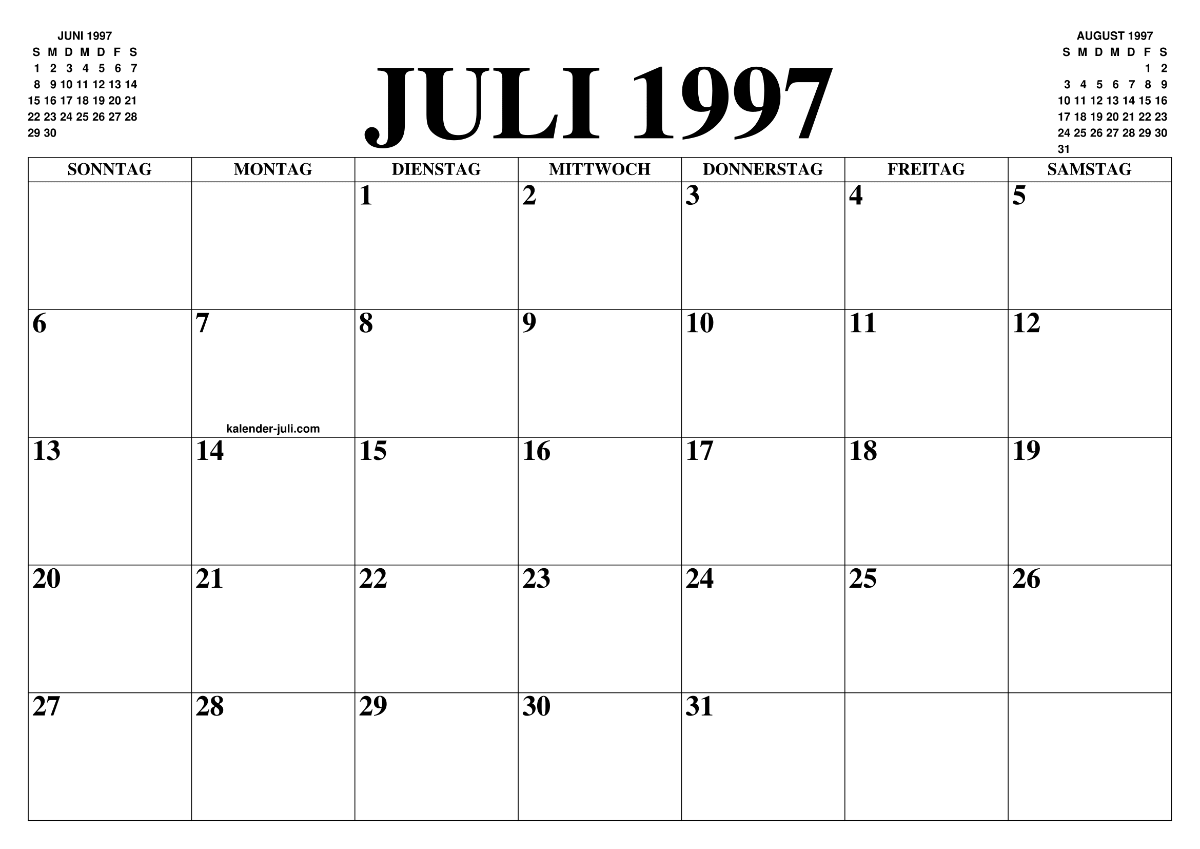 KALENDER JULI 1997 : JULI KALENDER ZUM AUSDRUCKEN GRATIS MONAT UND JAHR 