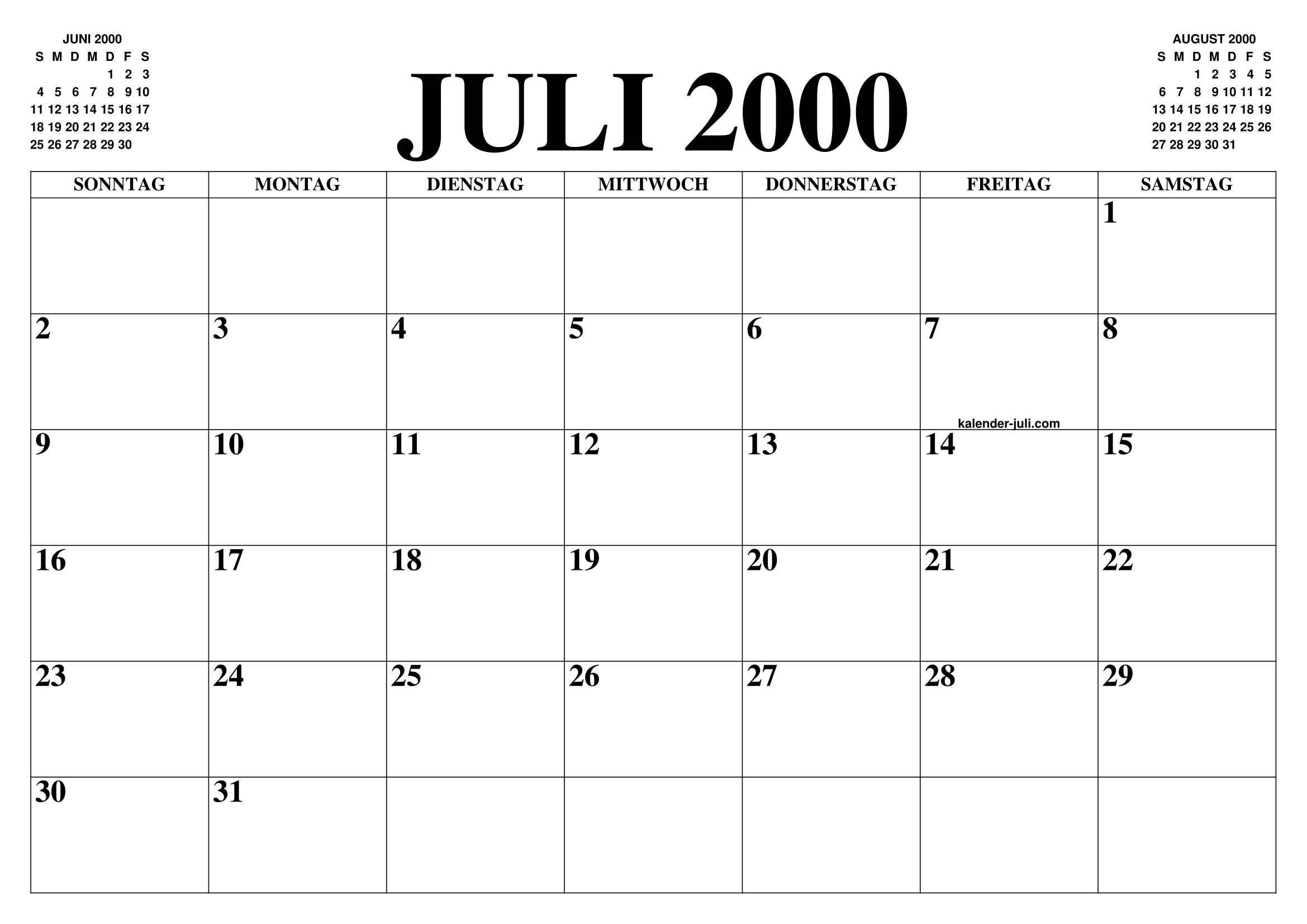 KALENDER JULI 2000 JULI KALENDER ZUM AUSDRUCKEN GRATIS MONAT UND JAHR