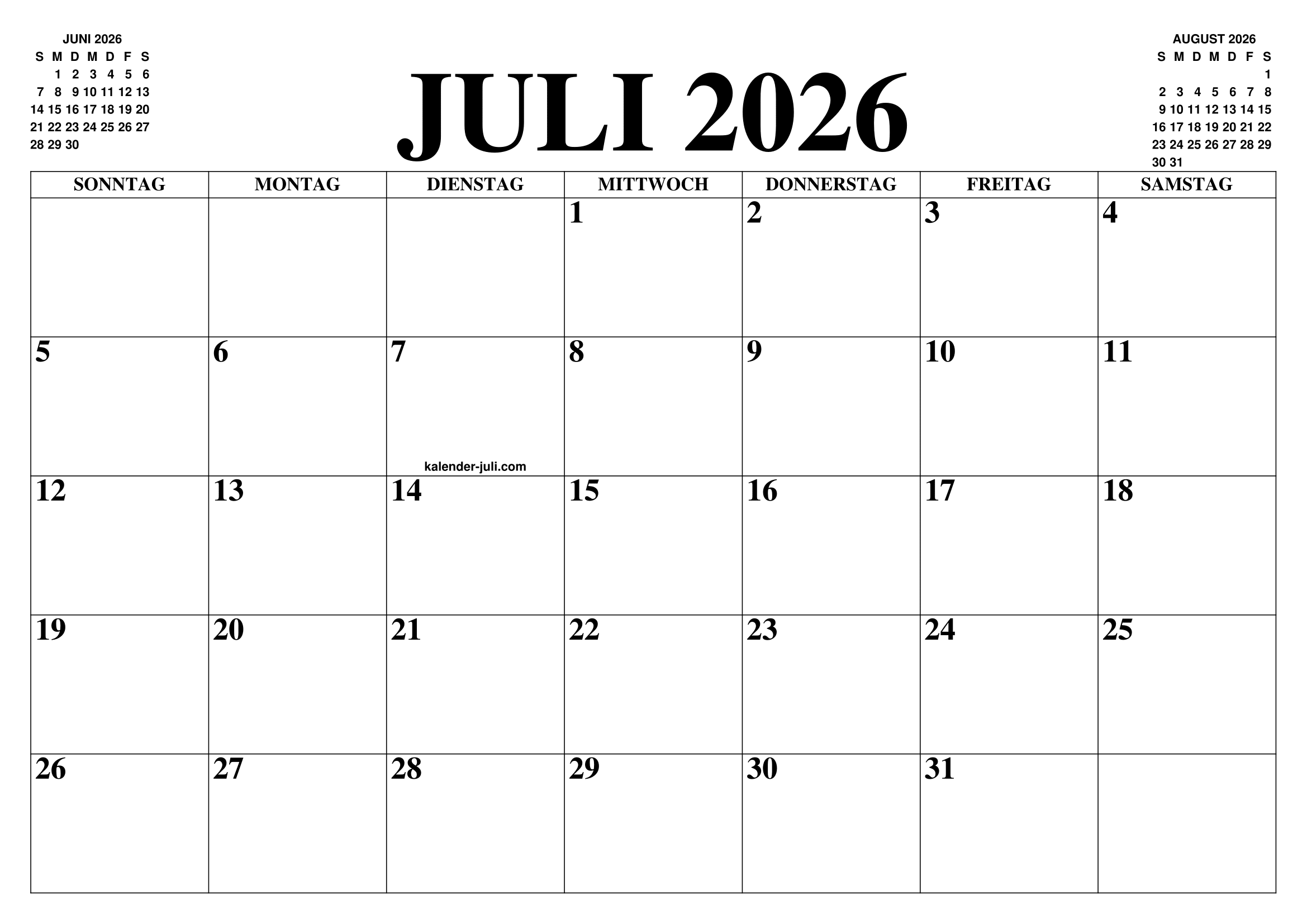 KALENDER JULI 2026 JULI KALENDER ZUM AUSDRUCKEN GRATIS MONAT UND JAHR